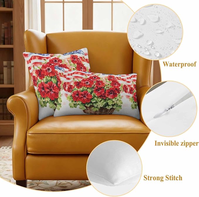 4th of July Flower Waterproof Outdoor Pillow Covers Set of 2 Home Decor, Vintage Red Stripe Flag Poppy Floral Pillowcase Patio Pillow Covers for Couch Bench Furniture Garden 26x26in