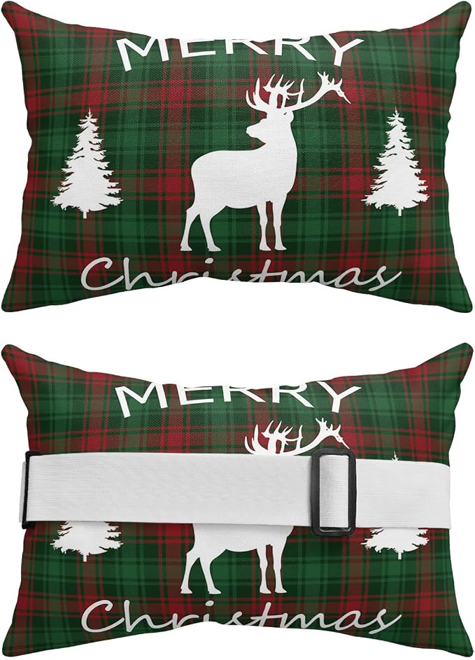 Outdoor Pillows Covers with Inserts Merry Christmas Elk and Tree Red Green Buffalo Plaid Waterproof Pillow with Adjustable Strap Throw Pillows for Patio Furniture Recliner Lounge Chair, 11"x16", 1PCS