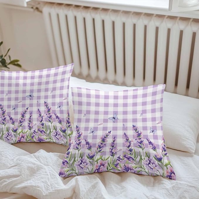 Vandarllin Outdoor Throw Pillows Covers 18x18 inch Set of 2 Waterproof Purple Lavender Flower Decorative Zippered Cushion Covers for Patio Furniture, Butterfly Buffalo Plaid Lumbar Pillowcases