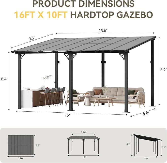 Aoxun 16’x10’ Gazebo, Wall Mounted Gazebos Pergola on Clearance, Outdoor Patio, Large Wall-Mounted Heavy Duty Awnings for Patio, Decks, Backyard (Black)