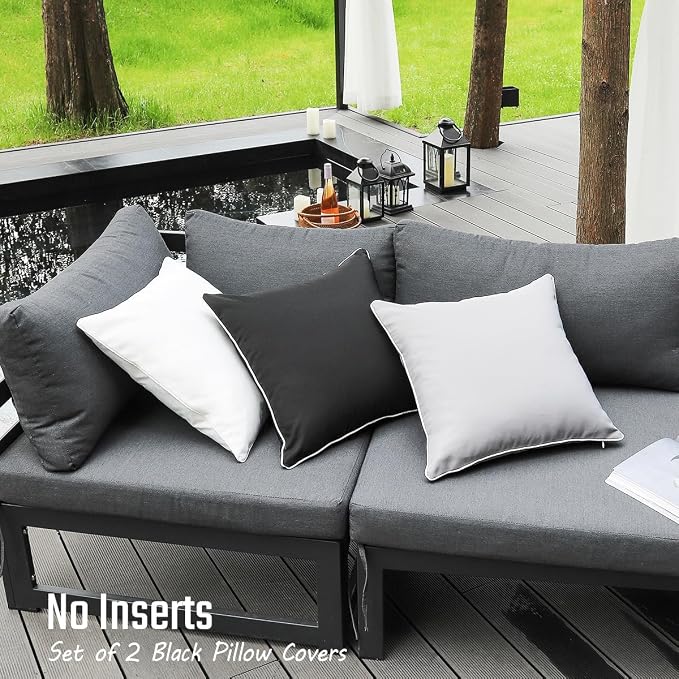 JOJOGOGO Black Outdoor Pillows Waterproof Throw Pillow Covers 18x18 Set of 2, Decorative Black and White Outdoor Sunproof Pillows 18 x 18 for Front Back Porch Patio Furniture (with White Piping)