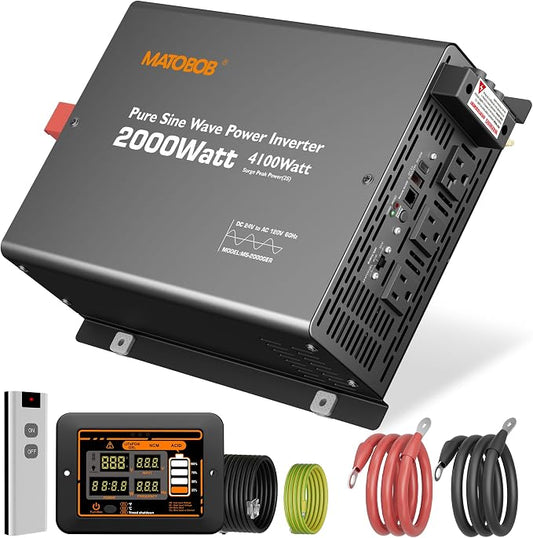 24 Volt Pure Sine Wave Power Inverter 2000 watt 24 Vdc to 120 Vac,4100Watt Surge,Wired Remote with LED Display for Home,Off Grid Solar System, Water Pump,RVs Matobob