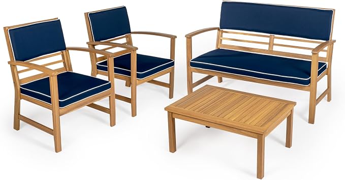 JONATHAN Y Barclay Modern 4-Piece Acacia Wood Outdoor Patio Set, Conversation Seating Group with Removable Cushions and Coffee Table for Backyard, Porch, Garden, Poolside, Navy LVG1000C-4SET