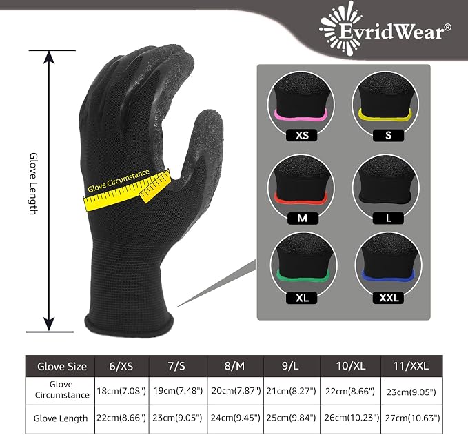 Evridwear Crinkle Latex Rubber Coated Safety Work Gloves for Men Women | 12-Pair Bulk Pack,Non-slip,General Multi Use for Gardening Construction Warehouse Assembly Landscaping (Black,Large)