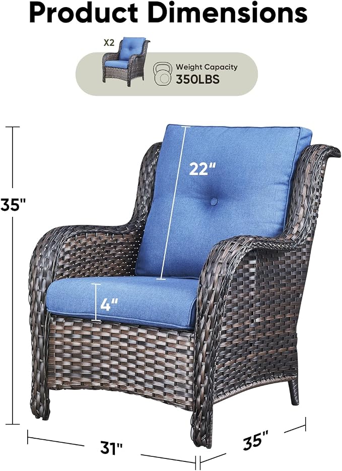 Rilyson Outdoor Wicker Patio Chairs Set of 2: High Back, Deep Seating, Wide Armrest, Thick Comfort Cushions, Ideal for Porch Deck Backyard Garden(Brown/Blue)