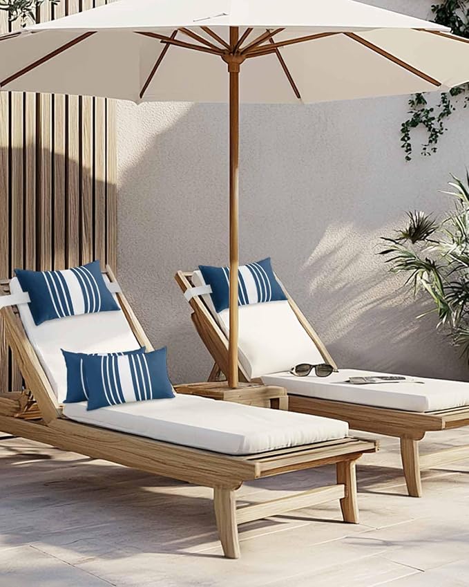 Outdoor Pillow for Lounge Chair with Strap & Insert Navy Blue Vertical Stripes Recliner Head Pillow Classic Striped Waterproof Headrest Patio Lumbar Pillows for Beach Pool Office Chaise Chair 11x16