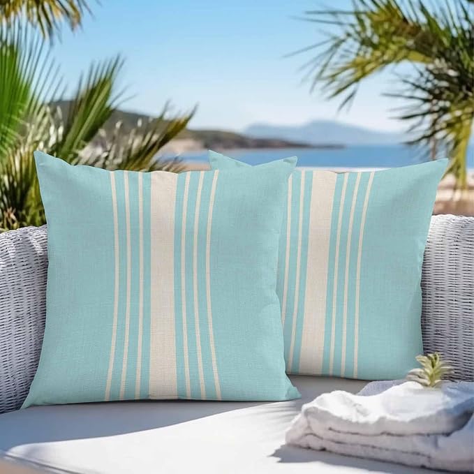 Outdoor Waterproof Pillows Cover Pack of 2 Modern Light Blue Striped Burlap Texture Decorative Pillowcases with Zipper Cushion Case for Patio Tent Couch Garden 18 x 18 Inches