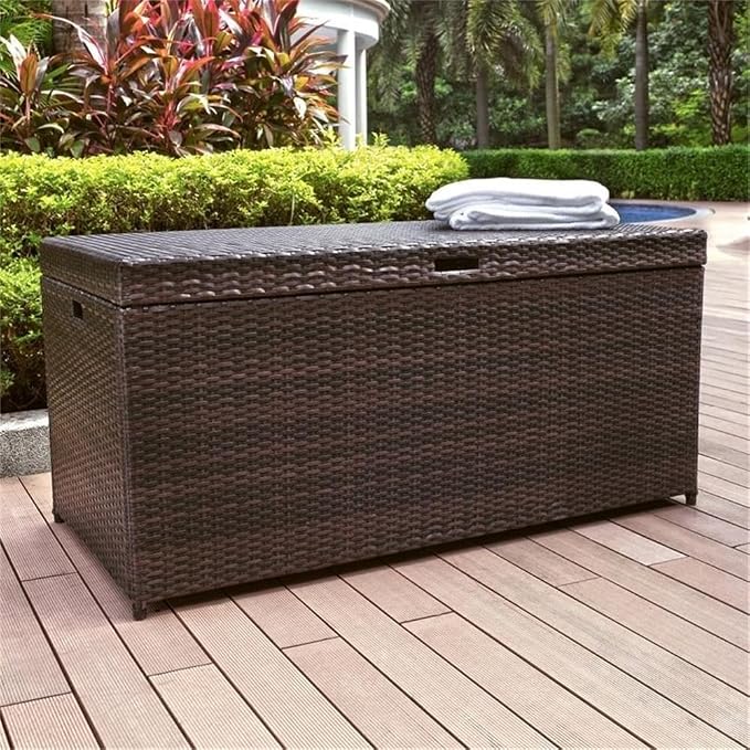 Pemberly Row Outdoor Storage Bin, 52 in x 25 in x 24.5 in, PE Wicker/Rattan and Steel, Brown Finish, UV-Resistant, Pneumatic Hinges, All-Weather Design, Ideal for Cushions and Garden Essentials
