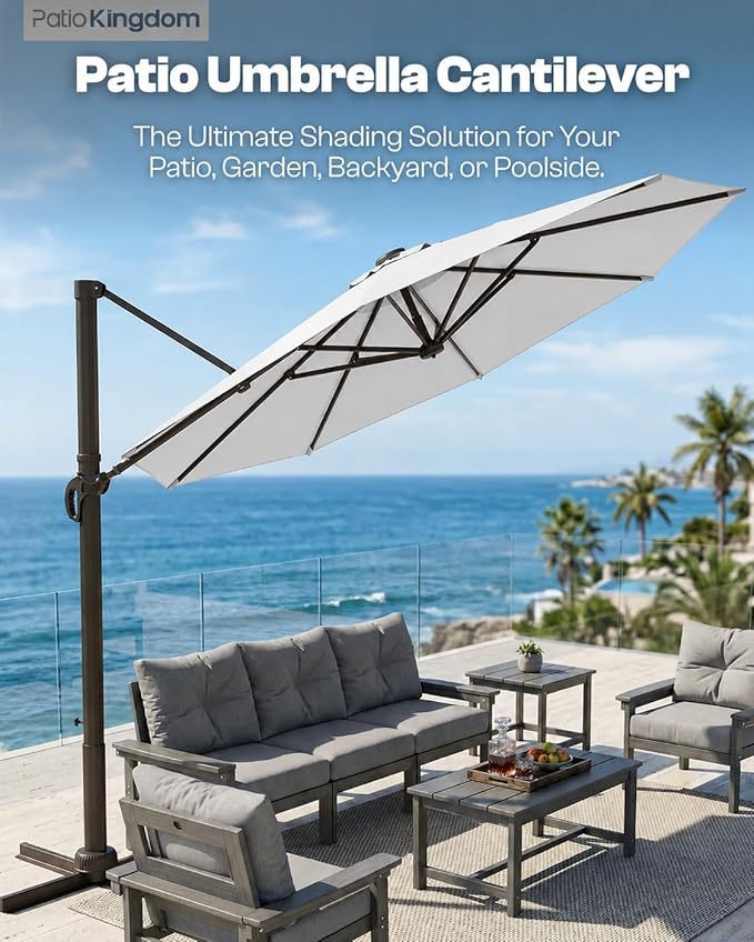 10 FT Round Cantilever Umbrella,Easy Tilt, Fade Resistant & 360° Rotation, Offset for Pool Deck Backyard Patiolight gray (Base not Included)