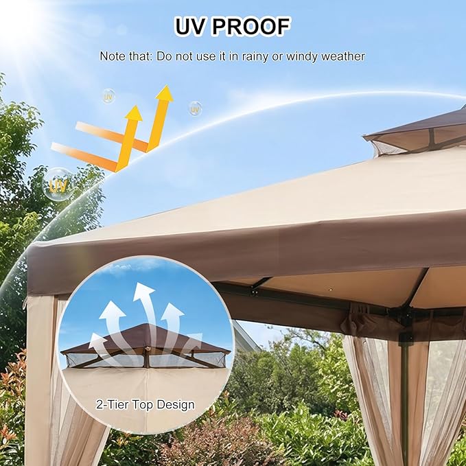 10x10 Gazebo with Netting, Canopy Tent Sun Shade Shelter for Outdoor Patio Backyard (Beige)