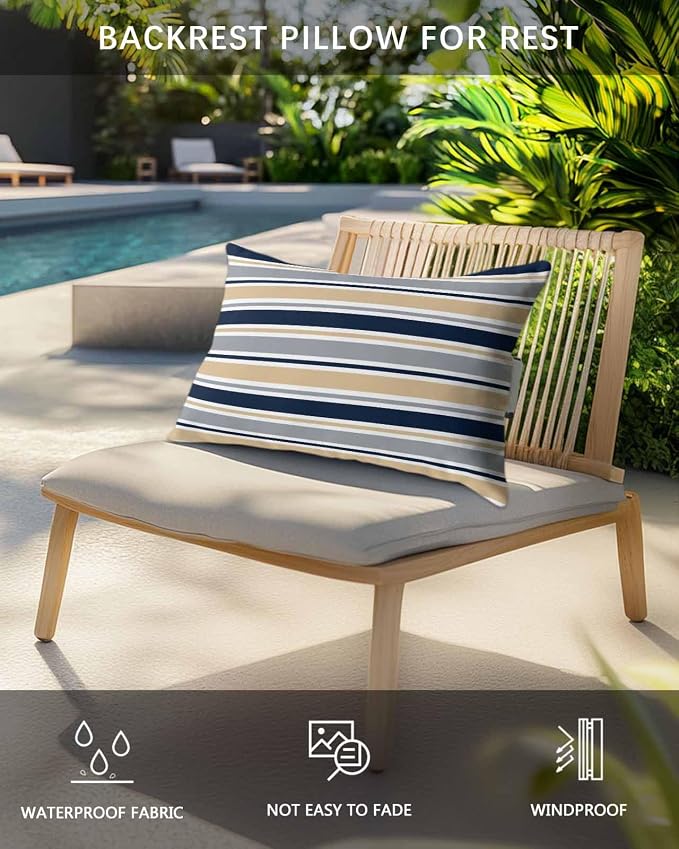 Pack of 2 Outdoor Lumbar Pillow Covers 12x20 Inch, Khaki Grey Striped Waterproof Throw Pillow Covers Set, Navy Blue Farmhouse Stripes Abstract Art Outside Decorative Cushion Cases for Patio Porch Car