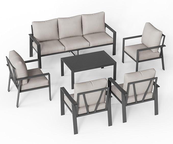 Aluminum Patio Furniture Sets 7 Seat All-Weather Outdoor Furniture Set with Coffee Table & Cushions with Removable Covers for for Backyard, Garden and Poolside Easy Assembly