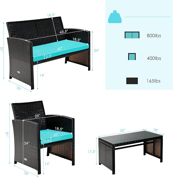Tangkula 8 Pieces Rattan Furniture Set, Outdoor Conversation Set w/Chair & Loveseat & Tempered Glass Coffee Table, Suitable for Garden, Backyard, Poolside, Patio Furniture Set for 8 (2, Turquoise)
