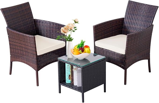 3 Pieces Patio Furniture Sets Outdoor PE Rattan Small Patio Furniture Set with Soft Cushion and Glass Coffee Table with Storage for Garden Backyard Porch Weather-Resistant (Brown/Beige-1)