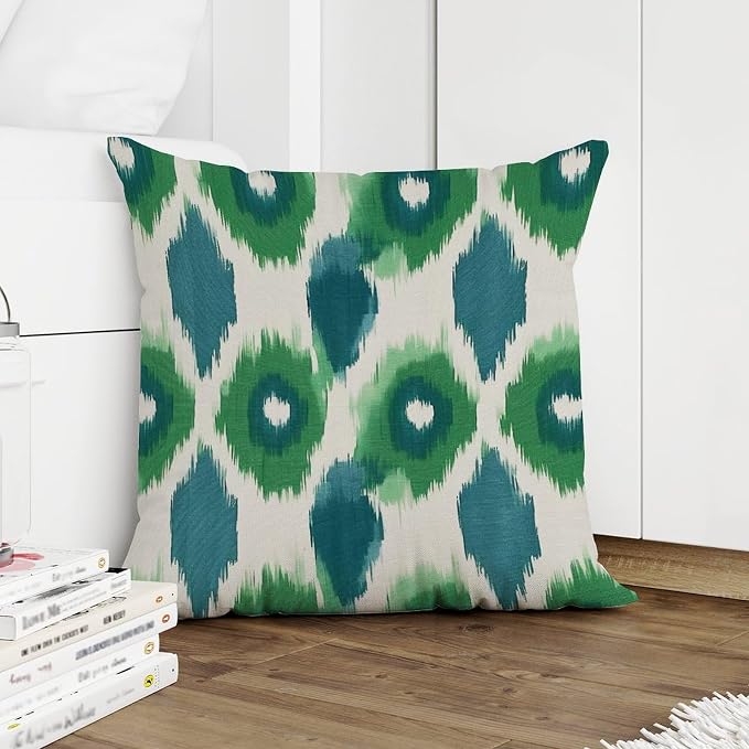 Green and Aqua Bukhara Ikat Pillowcase Peacock Strip Print Throw Pillow Cover Retro Throw Pillow Covers Farmhouse Decorative for Patio Couch Sofa 24x24 in
