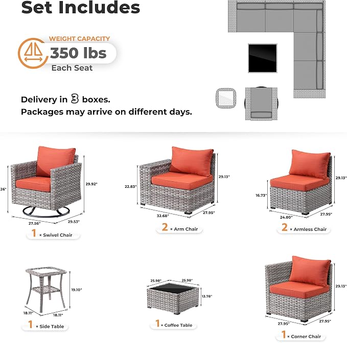 ovios 8 Pieces Patio Furniture Set, Outdoor Wicker Sectional Sofa with Swivel Chair Coffee Table, Modern Modular Deep Seat Rattan Couch Conversation Sets, Orange Red