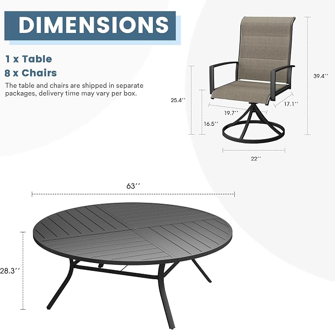 DIFY 9 Piece Outdoor Dining Set, Metal Patio Table and Chairs Set, 63" Black Round Dining Table & 8 Brown Padded Textilene Swivel Patio Chairs, Outdoor Furniture Set for Garden Backyard Porch