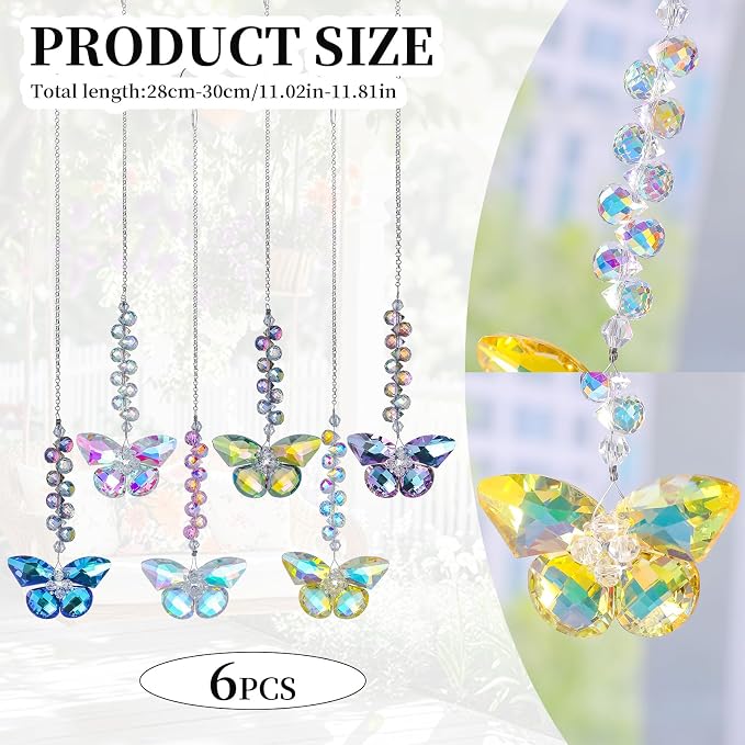 6pcs Crystal Butterfly Suncatchers Hanging Ornaments, Rainbow Maker Sun Catchers Indoor Window Outdoor Patio Garden Decor Gifts