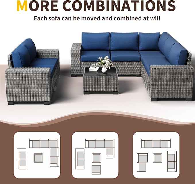 Outdoor Patio Furniture Set, 8‘’ Wide armrest Outdoor Sectional Rattan Sofa Set, Wicker Patio Furniture Sets w/Coffee Table,Thick Cushions for and Cover for Porch,Deck,8 PCS (Grey&Navy)