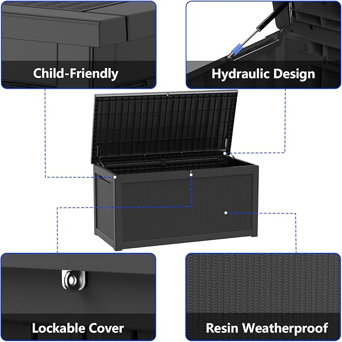 320 Gallon Outdoor Storage Box Resin Deck Box All Weather Waterproof Large Lockable Storage Container Deck Box for Patio Furniture, Garden Tools, Lockable, Black
