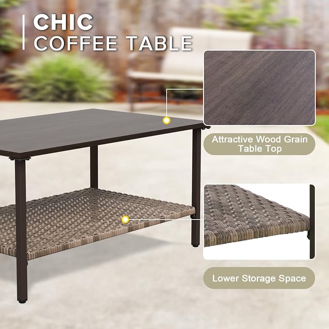 COOS BAY Aurora Terrace 4 Piece Outdoor Sectional Furniture Set, Half Moon Rattan Wicker Conversation Set with 5 Seat Sofa & Coffee Table for Patio Garden Yard, Beige/Blue