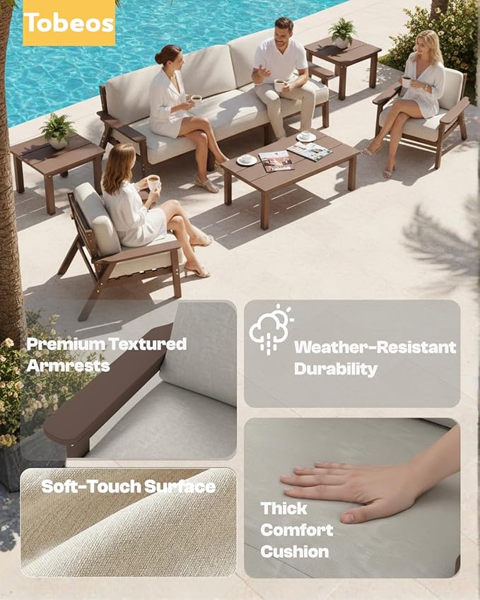 HDPE 6 Piece Patio Furniture Set, Outdoor Couch with Washable Thick Beige Cushions & Coffee Table & Side Table, Outdoor Sectional Furniture for Backyard, Deck, Lawn, Porch (Black Frame)