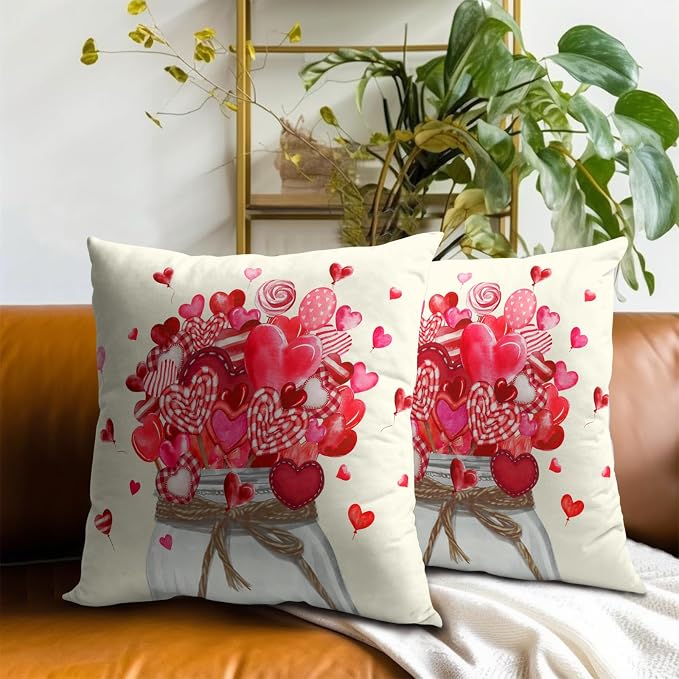 Valentine's Day Throw Pillow Covers 20x20 Inch Set of 2, Red Pink Love Hearts Candy Canes Jar Decorative Pillowcases Square Cushion Cover for Couch Sofa Wedding Home Decor
