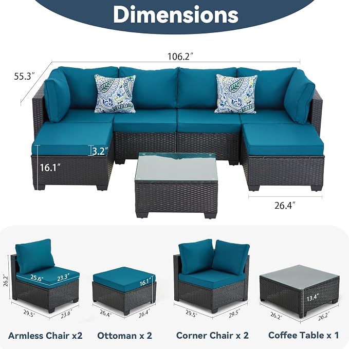 7 Pieces Outdoor Sectional Furniture Set, Wicker Patio Furniture Set with Table, Patio Conversation Sets with Washable Cushions for Garden (Peacock Blue, 106x55x26'')