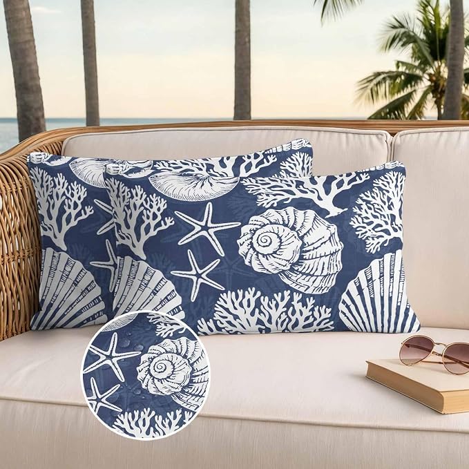 Lumbar Pillow Covers 20x12 Inch Set of 2, Navy Blue Starfish Coastal Waterproof Outdoor Pillow Covers, Summer Coral Shell Beach Nautical Decorative Cushion Pillowcases for Couch Sofa Bed Garden Patio