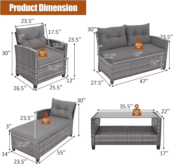 Tangkula 4 Pieces Rattan Conversation Set, Patiojoy Outdoor Furniture Set with Cushions, Lounge Sofa Set with Coffee Table, Patio Sectional Sofa Set for Patio Garden Poolside Backyard (Gray)
