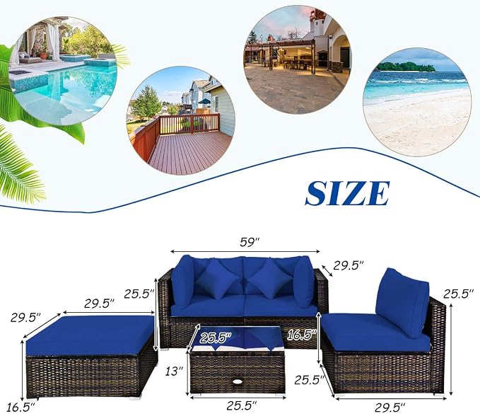 Tangkula 5 Pieces Patio Rattan Furniture Set, Outdoor Sectional Rattan Sofa Set with Back & Seat Cushions, Wicker Conversation Set with Tempered Glass Table for Backyard Porch Garden Poolside (Navy)