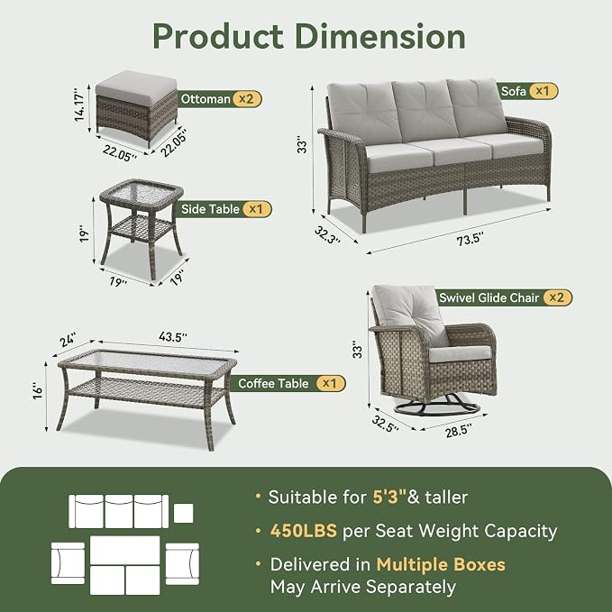 Aoxun 9-Piece Patio Furniture Set with Thick Cushions, Wicker Outdoor Sectional Sofa with High Back Swivel Rocker Chairs, Outdoor Patio Furniture Set with Coffee Table & Ottoman, Grey