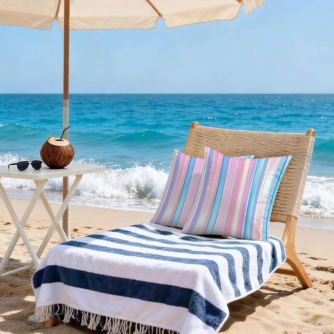 22x22 Inch Outdoor Pillow Covers Set of 2 Waterproof Throw Pillow Covers Decorative Couch Cushion Covers Pink Blue Stripes Square Pillowcases Protectors for Patio Garden Sofa