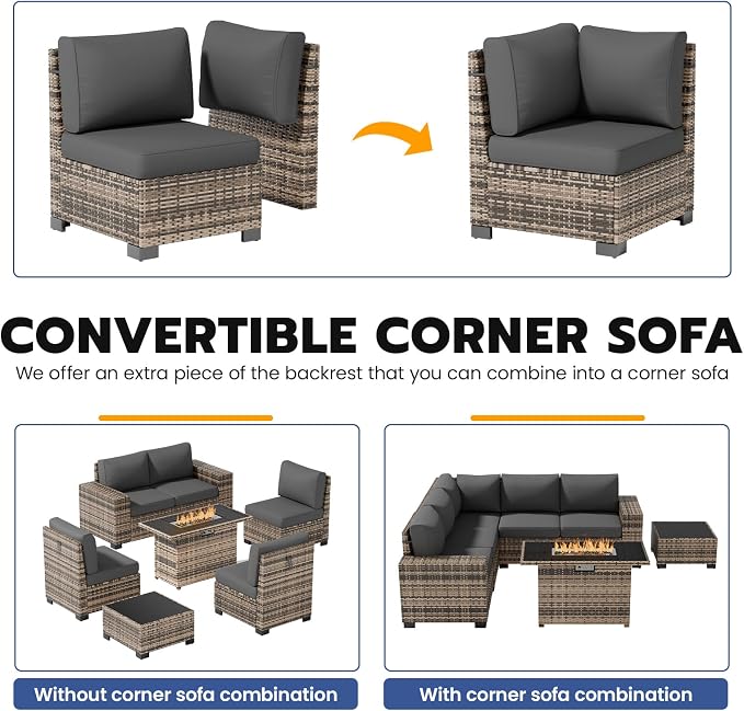 Patio Furniture Set, Wide Armrest Outdoor Furniture Set with 44" Fire Pit Table Thick Cushions, 7 Piece Wicker Rattan Patio Sectional Sofa for Backyard, Poolside, Garden