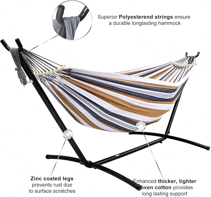 Double Hammock with Stand, 450lb Capacity, Steel Stand, Anti-Roll Balance Beam, Carry Bag Included, Coffee Brown, Brazilian Style