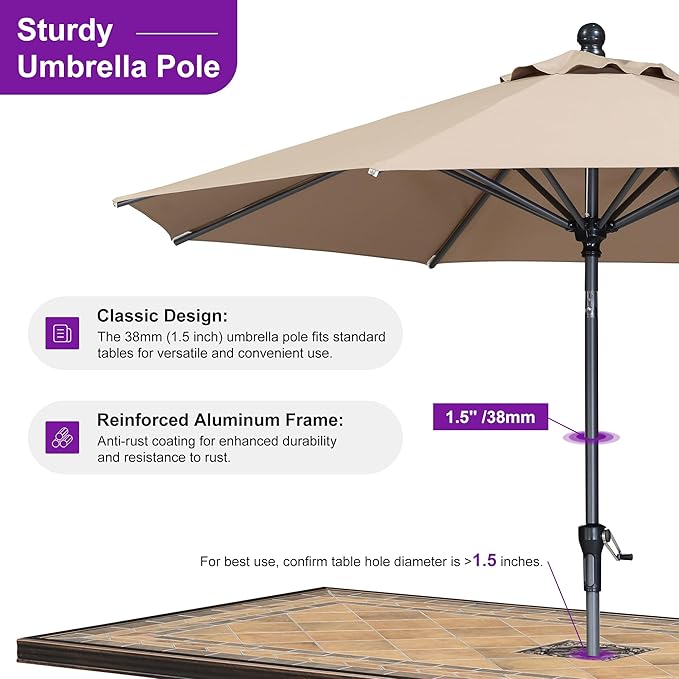 PURPLE LEAF 9' Round Patio Market Umbrella with Base Outdoor Table Umbrellas Aluminum Frame Sun Shade with 8 Sturdy Ribs Tilt for Garden Deck Lawn Pool Taupe