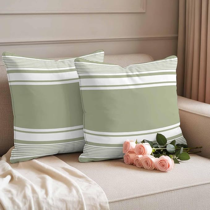 Outdoor Waterproof Throw Pillow Covers, Sage Green Striped Decorative Pillow Cases, Modern Color Block Farmhouse Stripes Couch Pillow Protector Patio Sofa Cushion Covers Replacement 20"x20" 2 Pack