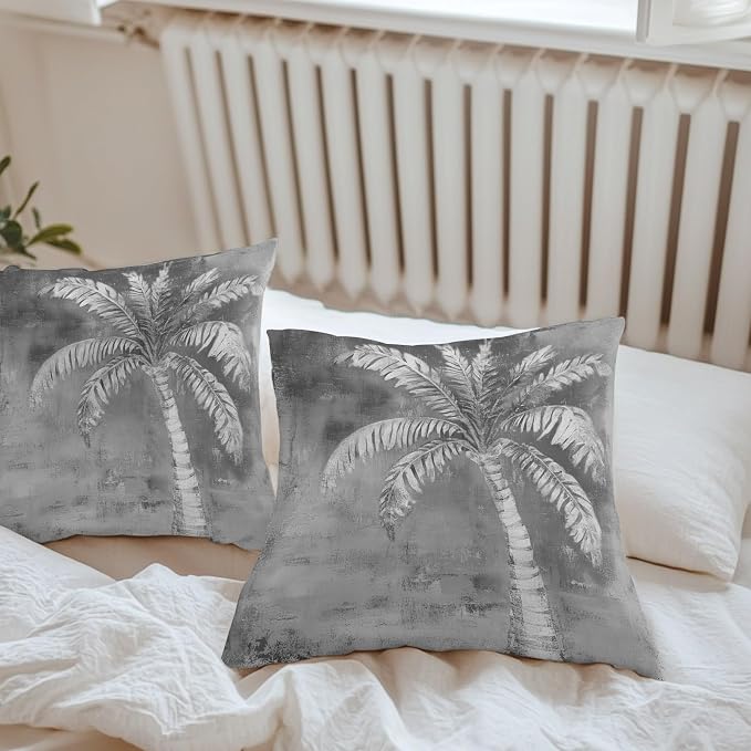 Coastal Beach Tree Grey Outdoor Waterproof Pillow Covers, Vintage Summer Palm Tree Decorative Square Throw Pillowcase, Tropical Botanical Sofa Cushion Sham for Patio/Couch/Chair, 16"x16" 2 Pack