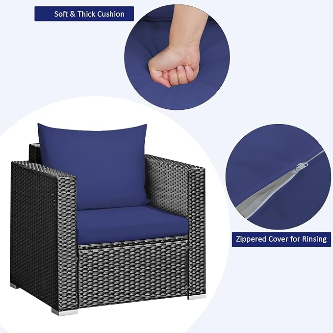 Tangkula 3 Pieces Patio Furniture Set, PE Rattan Wicker Sofa Set w/Washable Cushion and Tempered Glass Tabletop, Outdoor Conversation Furniture for Garden Poolside (Navy Blue)
