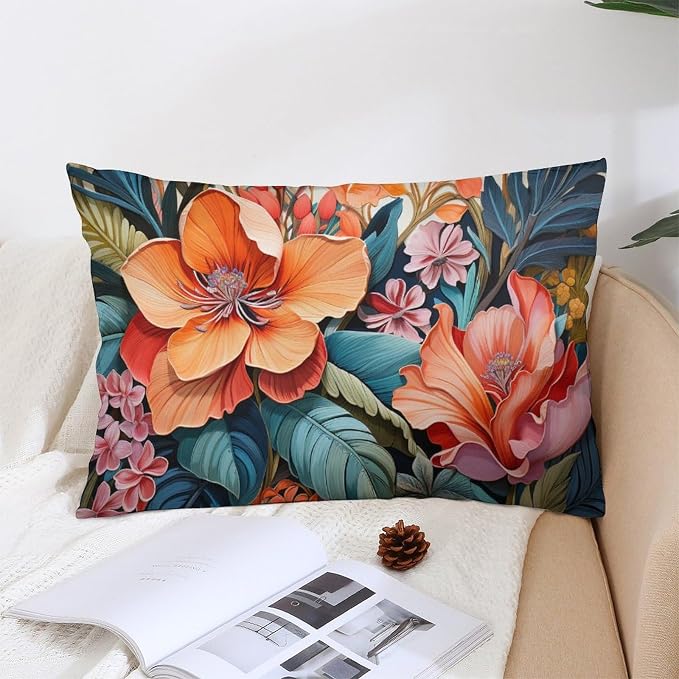 Pillowcases Tropical Flower Leaves Lumbar Pillow Covers Decorations 12 "x20 " Hawaiian Flower Pillow Covers Standard Size Decorative Invisible Zipper Design Rectangle Two Sides Printed for Bed Decor