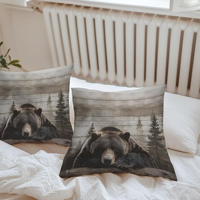 Sleeping Bear Outdoor Pillow Covers 26"x26" Set of 2, Animal Forest Rustic Planks Waterproof Throw Pillow Covers for Patio Furniture, Decorative Cushion Covers for Porch