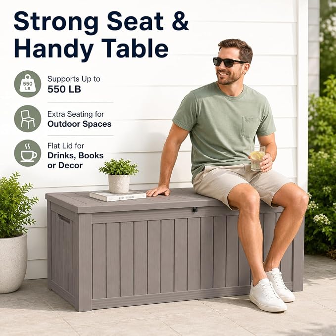 Outdoor Deck Patio Storage Box - 170 Gallon Large Outdoor Deck Box, Plastic Storage Bin with Lid, Outside Toy Box & Pool Storage Container for Cushions, Garden Tools, Towel, Brown