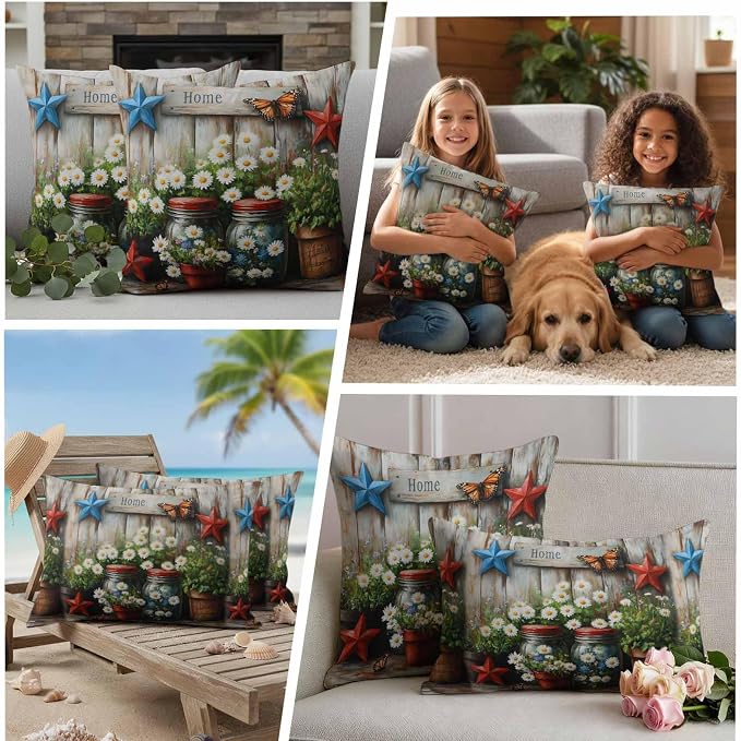 Daisy Flower Waterproof Outdoor Pillow Covers Set of 2 Home Decor, Retro Western Red Blue Stars Butterfly Wood Pillowcase Patio Pillow Covers for Couch Bench Furniture Garden 16x16in