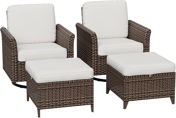 COOS BAY Harbor Retreat 4 Piece Outdoor Furniture Set, Patio Conversation Set with Swivel Rocking Chairs and Ottomans, Wicker Furniture, Brown/Beige
