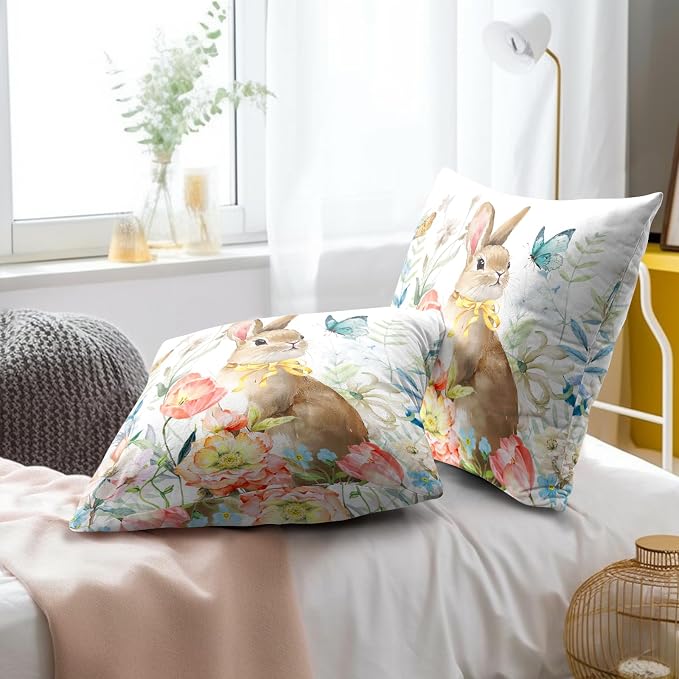 Easter Pillow Covers 22x22 Spring Easter Bunny Painting Decorative Throw Pillowcase Rabbit Floral Summer Square Couch Cushion Cover for Living Room Sofa Accent Home Decor, Set of 4