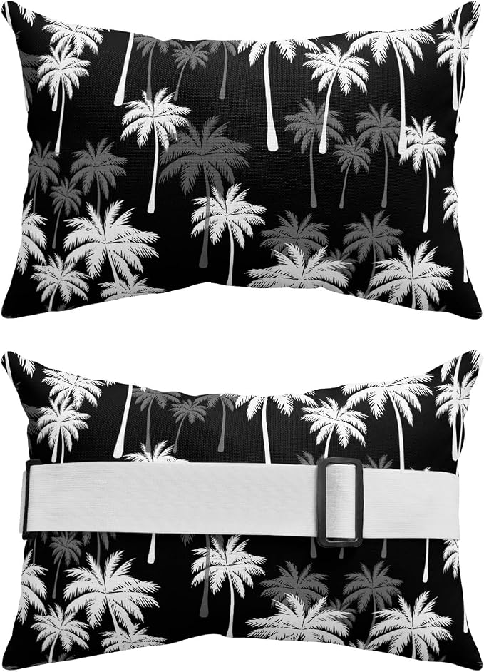 Tropical Palm Tree Outdoor Pillows for Chaise Lounge Chair Waterproof Lumbar Pillows with Insert&Adjustable Strap Beach Headrest Pillow Black White Plants Coastal Leaf Beach Pool Pillow 11"x16"