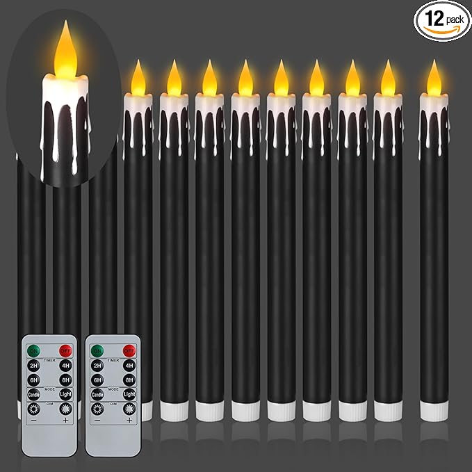 wemarry Flameless Taper Candles 10.6" Dripless Battery Operated Taper Candles Included Remote Timer 400+ Hours by 2AA Batteries for Halloween Christmas Wedding (Black+White, 12 Pack)