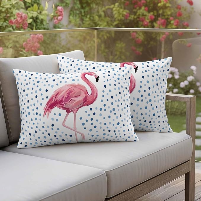 Flamingo Outdoor Waterproof Throw Pillow Covers 20 x 12 Inches Set of 2 Art Flamingo Blue Polka Dots Summer Tropical Decorative Cushion Cover Pillowcase for Garden Patio Tent Beach Sofa Couch
