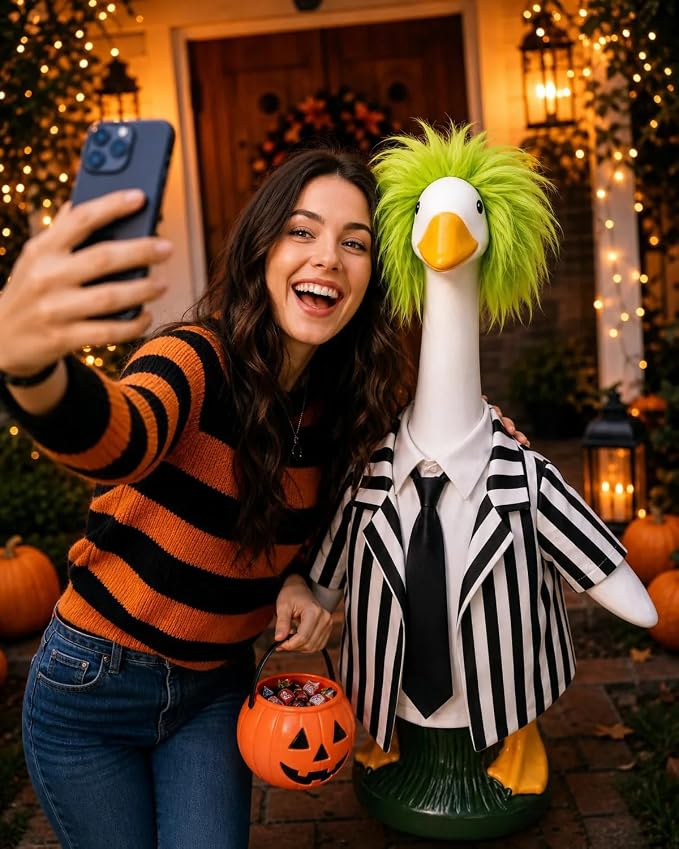 Halloween Porch Goose Outfits, Spooky Striped Suit Fits 23" Lawn Statue | Funny goose clothes costume with green wig. Spooky fall yard decor accessories, thoughtful gift for mom & grandma.