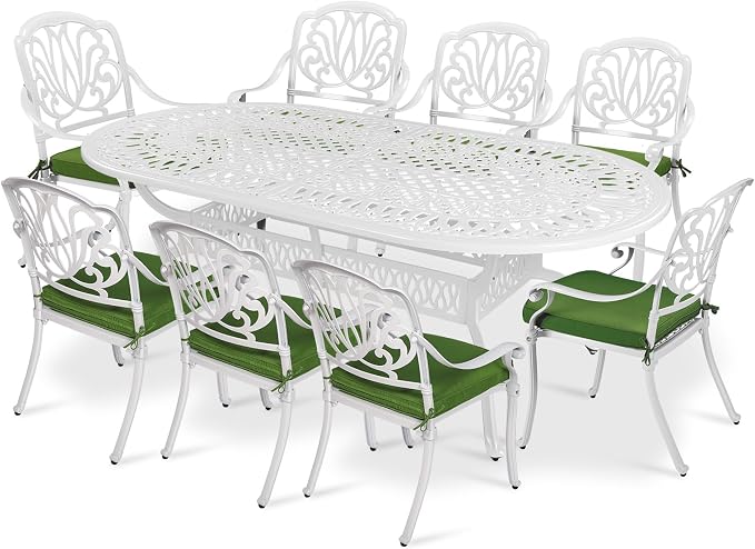 VIVIJASON 9-Piece Outdoor Furniture Dining Set, All-Weather Cast Aluminum Patio Conversation Set Include 8 Cushioned Chairs and an Oval Table with Umbrella Hole for Lawn Backyard (White/Green Cushion
